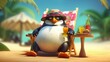 © Filip - A realistic 3D rendered image of a cute and chubby penguin character sitting on a beach chair, wearing a colorful Hawaiian shirt, and sipping a fruity drink - Generative ai