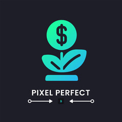 Sticker - Financial growth blue solid gradient desktop icon on black. Socially responsible ventures. Seed money. Pixel perfect, outline 4px. Glyph pictogram for dark mode. Isolated vector image