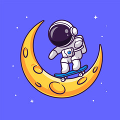 Wall Mural - cute astronaut playing skateboard on moon cartoon vector icon illustration. science sport icon conce