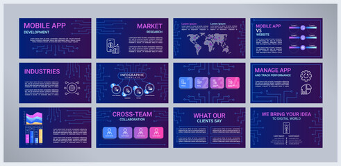Wall Mural - mobile app development presentation templates set. software monetization. information technology. e-