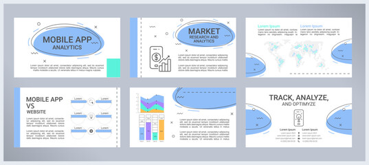 Wall Mural - Mobile app analytics presentation templates set. Market research. Performance analysis. Application usage. Ready made PPT slides on white background. Graphic design. Roboto, Arial fonts used