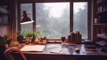 雨の日のデスク 窓 梅雨 オフィス カフェ ループ シームレス