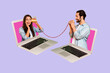 © deagreez - Template advert collage of two internet friends have distant communication using netbook cup call telling breaking news