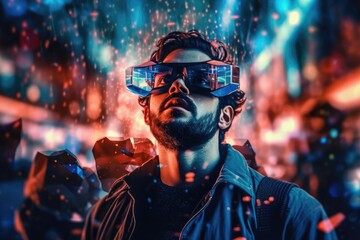 A photo of a person experiencing a virtual reality( VR) simulation. Generative AI