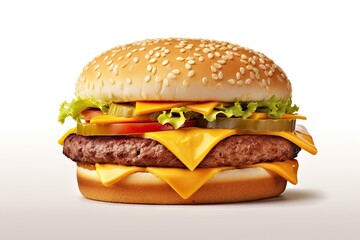 Wall Mural - Grilled Hamburger on White Background. Isolated Beef Burger Meal Fast Food