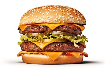 Wall Mural - Grilled Hamburger on White Background. Isolated Beef Burger Meal Fast Food