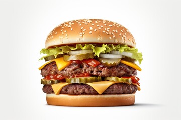 Wall Mural - Grilled Hamburger on White Background. Isolated Beef Burger Meal Fast Food