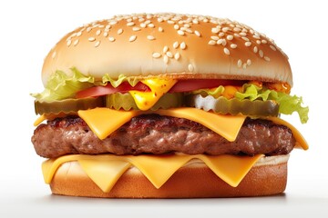 Wall Mural - Grilled Hamburger on White Background. Isolated Beef Burger Meal Fast Food