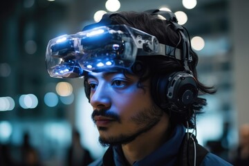 Wall Mural - a photo of a person wearing an advanced wearable device that enhances their cognitive abilities, suc