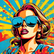 Pop art retro style pretty sexy ginger young woman wearing sunglasses on vibrant colorful background. Created with generative Ai