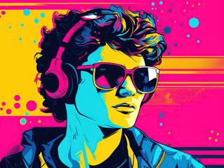 Young man wearing headphones and sunglasses, listening music on a colorful background. Vibrant pop art retro style. Created with generative Ai