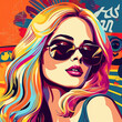 Pop art retro style pretty sexy blonde young woman wearing sunglasses on vibrant colorful background. Created with generative Ai