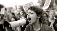 A Woman Shouting Through Megaphone On A Workers Environmental Protest In A Crowd In A Big City. Black And White Documentary Photo. Generative AI