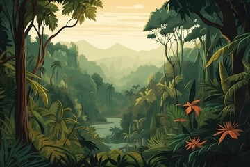 Wall Mural - a painting of a jungle scene with trees and flowers, generative AI