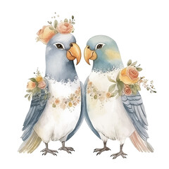 Vector watercolor illustration wedding bird parrot couple married with flowers colorful isolated on white background.