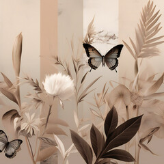 Wall Mural - Neutral Botanical Japandi style shapes and butterflies beautiful wallpaper background in pastel colors. AI generated.