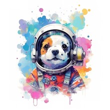 Astronaut Dog Wearing Space Suit On Grunge Watercolor Background. Illustration Art.