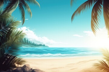 Wall Mural - a painting of a tropical beach with palm trees, generative AI