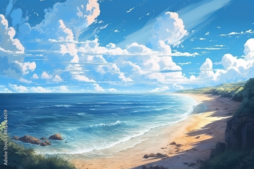scenic landscape in anime style sea beach rocks beautiful clouds. generated ai