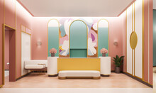 Generative AI Image Of Interior Design Of Reception Counter With Mirrors On Floor While Area With Pink Colored Walls Illuminated With Lamps