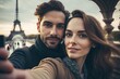© neirfy - roamntic couple doing selfie on Paris street, ai generative