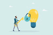 © STANISLAV - Unlock a new business idea, invent a new product or creativity concept, a guy holding a golden key is about to put the key into an idea light bulb. Vector flat style illustration.
