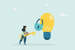 © STANISLAV - Unlock a new business idea, invent a new product or creativity concept, a girl holding a golden key is about to insert the key into an idea light bulb. Vector flat style illustration.