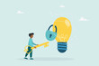 © STANISLAV - Unlock a new business idea, invent a new product or creativity concept, a guy holding a golden key is about to put the key into an idea light bulb. Vector flat style illustration.