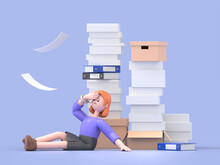 3D Illustration Of European Businesswoman Ellen Sitting On The Floor Clutching Her Head With The Piles Of Paper Document Around. Overwork Concept. 3D Rendering On White Background.
