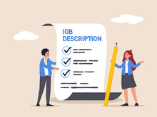 Job Description Concept. Qualification And Requirement For Job Position, Working Scope Document, Duty And Responsibility For Employment, Business People Employer Writing Job Description Document.