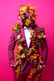 Fototapeta  - A man in a business suit with flowers instead of his head on a pink background. Contemporary art collage. Concept of career, work, growth, business motivation, nature president. Generative AI.