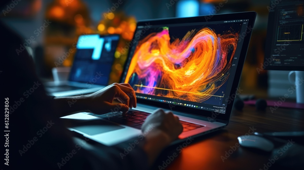 Graphic designer work on computer laptop and with graphic drawing pen ...