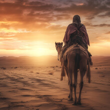 Arab Man On A Camel In The Desert. Generative AI.