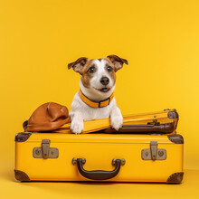 Traveling Dog Next To A Travel Suitcase. Generative AI.