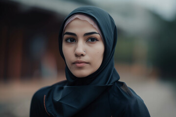 Beautiful arabic girl wearing a hijab with blurry background Image ai generate