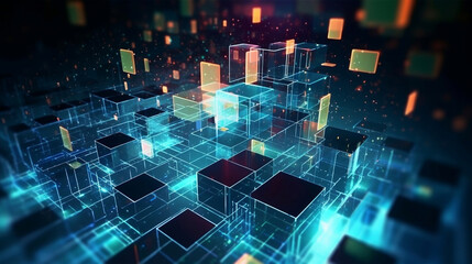 Blue and gold cubes with neon glow light, creativity, database, digital, internet, blockchain, innovation concept, hi-tech abstract backgroud. Generative AI