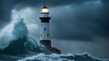 Lighthouse In A Storm With Brutal Waves An Thunder | Digital Art