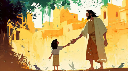 Wall Mural - Colorful painting art of a small child stretching out his hand to Jesus. Christian illustration.