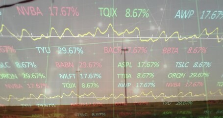 Canvas Print - Animation of stock market data processing and network of connections against spinning windmills