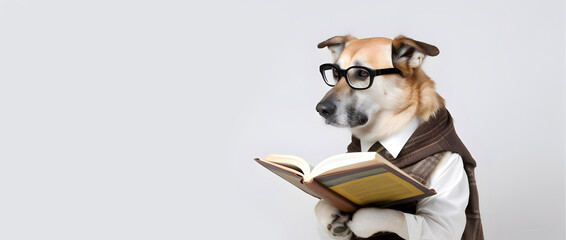 Cute pet dog with eyeglasses and opened book. AI generated.