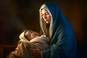 Wall Mural -  Holy Mary holding baby Jesus Christ in her arms. Graphic representation. AI generativ.