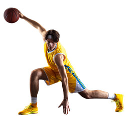 Wall Mural - Motivated young man, professional basketball player training with basketball ball isolated over transparent background.