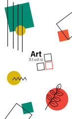 Wall Mural - Abstract banner with geometric figures. Multicolored circles and squares with lines. Space for text. Template and mock up for website. Cover and background. Flat vector illustration