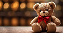 Classic Cute Stuffed Teddy Bear With Red Bow With Blurred Bokeh Background, Cute Present Romantic Valentines Gift, Christmas Gift Or Birthday Present Concept With Copy Space