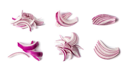 Wall Mural - Red Onion Cuts Isolated, Raw Purple Onion Slices, Chopped Purple Onion Pieces