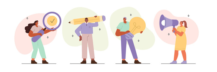 Wall Mural - people concept illustrations. collections of men and women characters holding huge pencil, megaphone