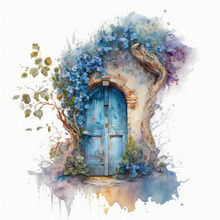 Vintage Door, Watercolor. Blue Old Door And Blooming Tree. Generative Ai Illustration In Watercolor Style
