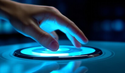 Hand touch digital hud interface futuristic technology background of virtual computer screen display ui future concept or cyber and innovation internet system on vr cyberspace. Generative AI.