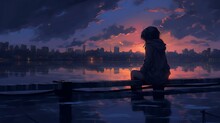 Girl Sitting On A Bench At Sunset, Emotional Anime HD Wallpaper: Capturing The Essence Of Solitude And Sadness, Generative AI