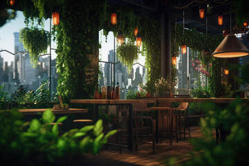 Cafe interior in botanical style with plant. Generative AI